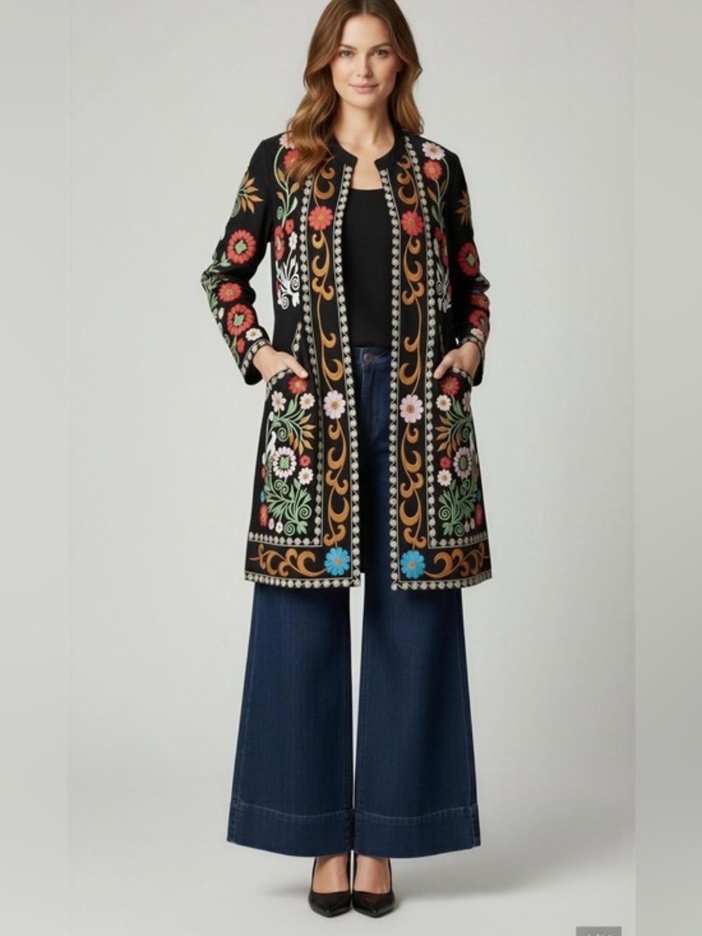 Ruby Yaya Embroidered Floral Long Black Coat - Vibrant Multi-Color
